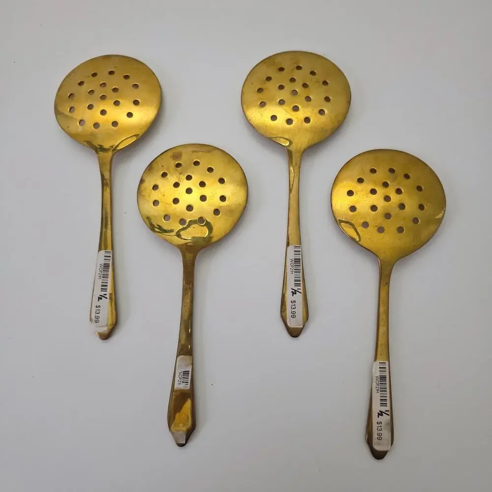 Vintage Brass Slotted Serving Spoons Set of 4 Gold Cocktail Bar Olive Spoon